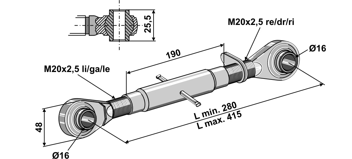Top-links with hardened tie-rod M20x2,5