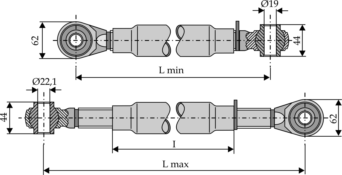 Top-link with hardened tie-rod M30x3,5