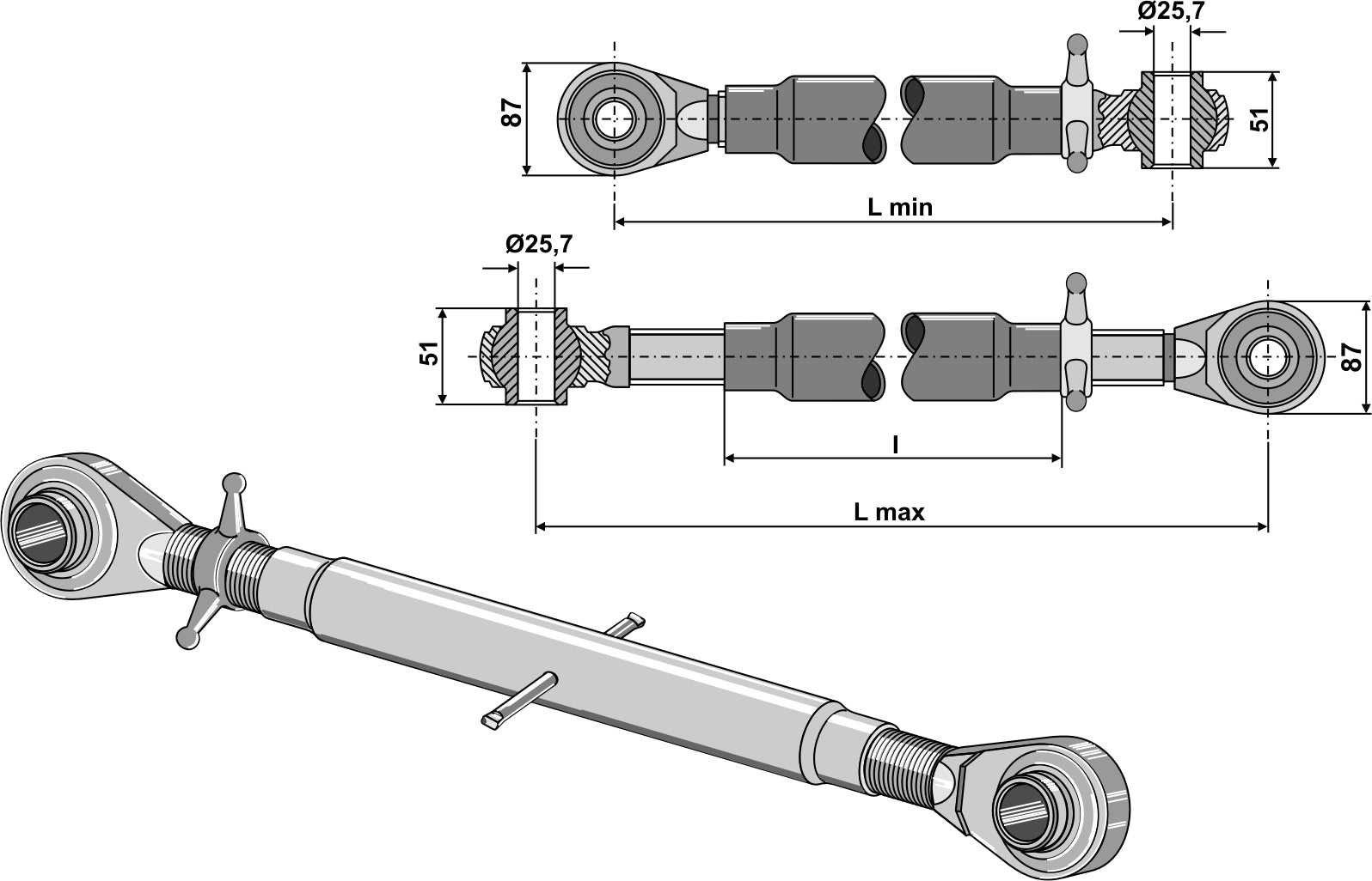Top-links with hardened tie-rod M36x3