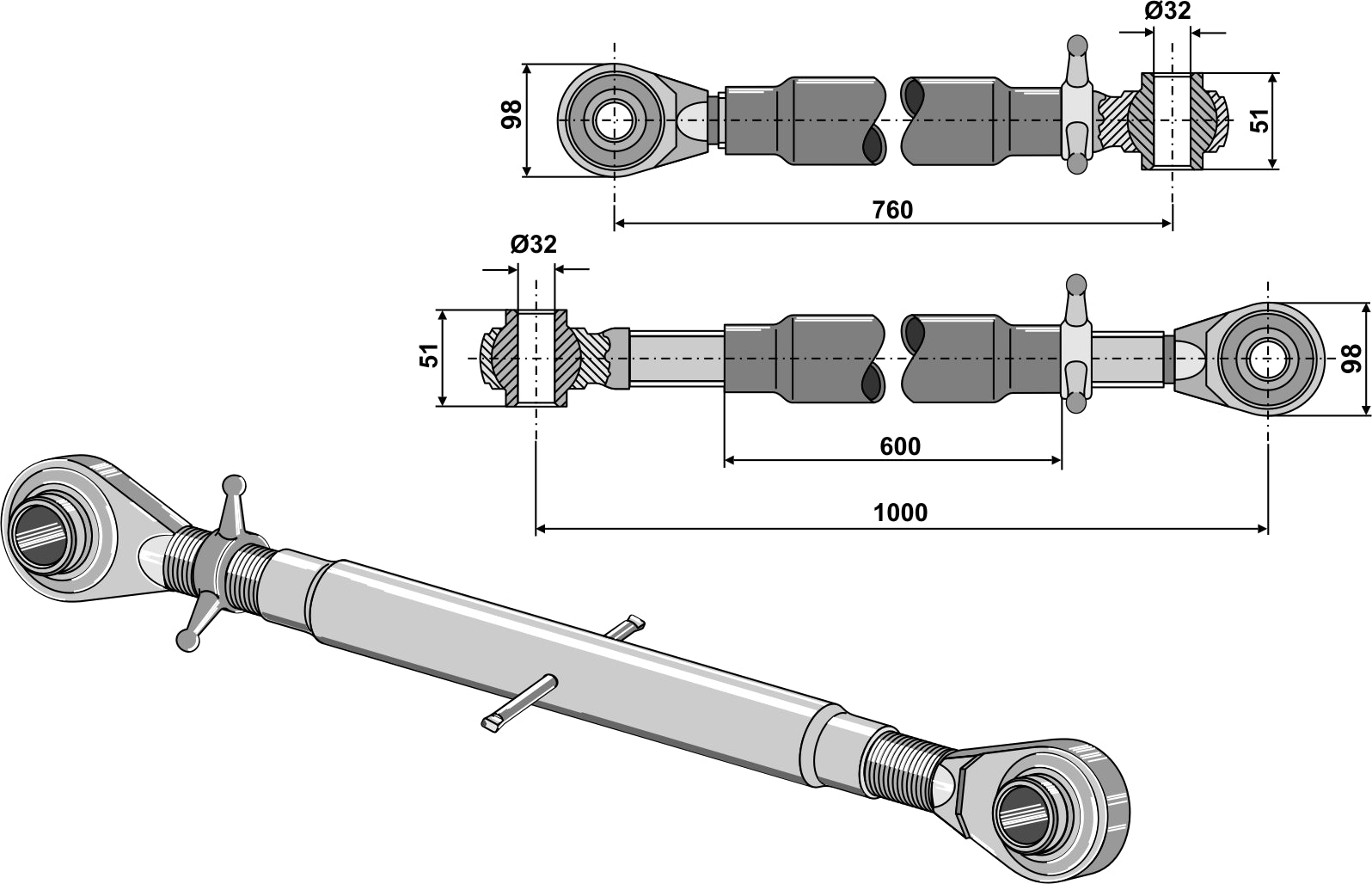 Top-links with hardened tie-rod M36x3