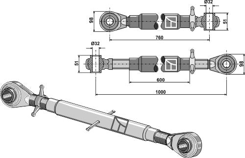 Top-links with hardened tie-rod M36x3