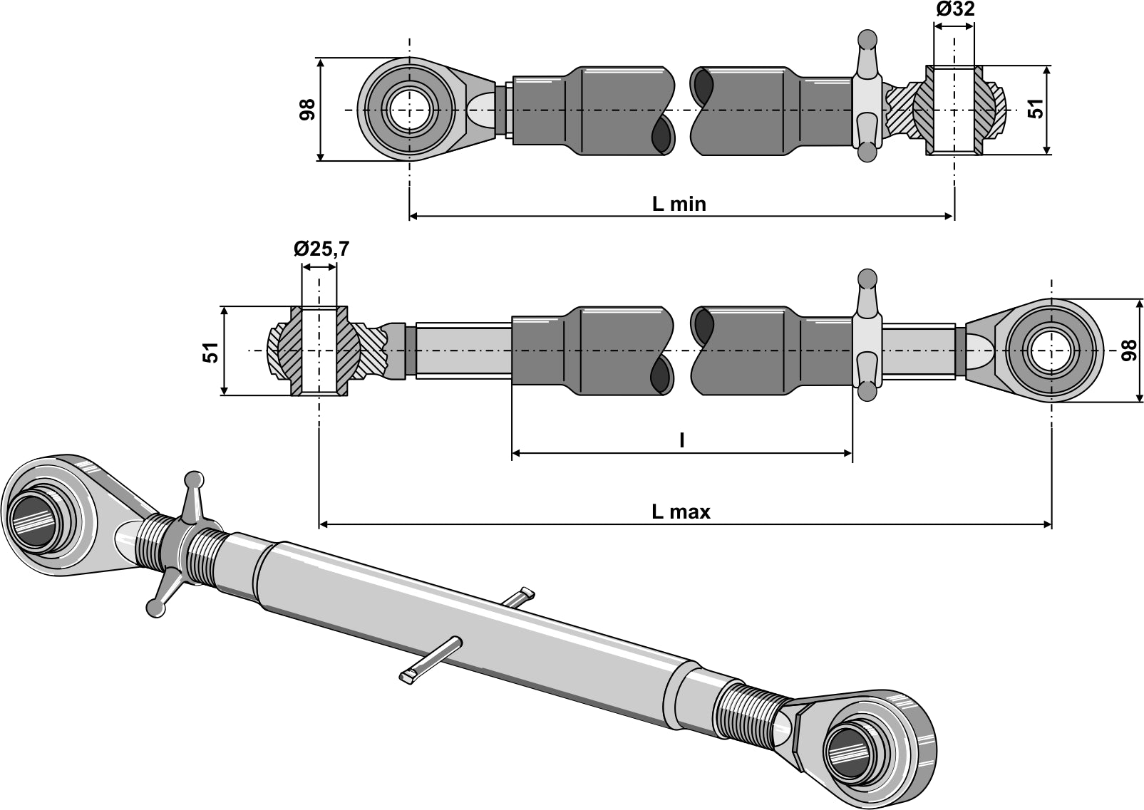 Top-links with hardened tie-rod M36x3