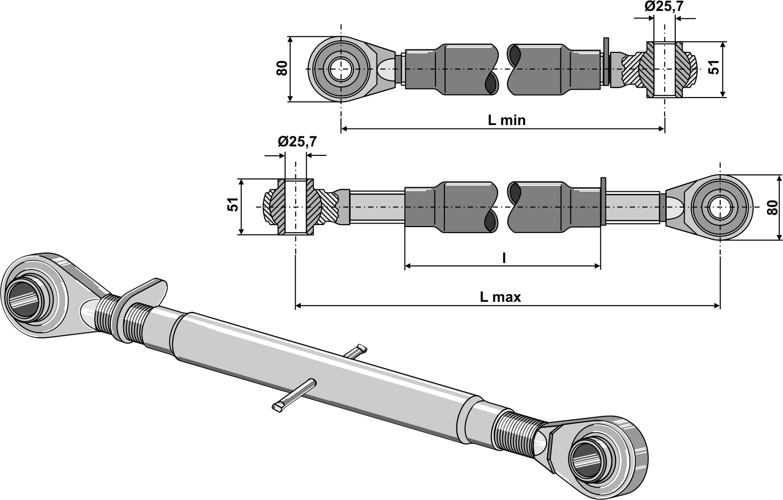 Top-link with hardened tie-rods M40x3