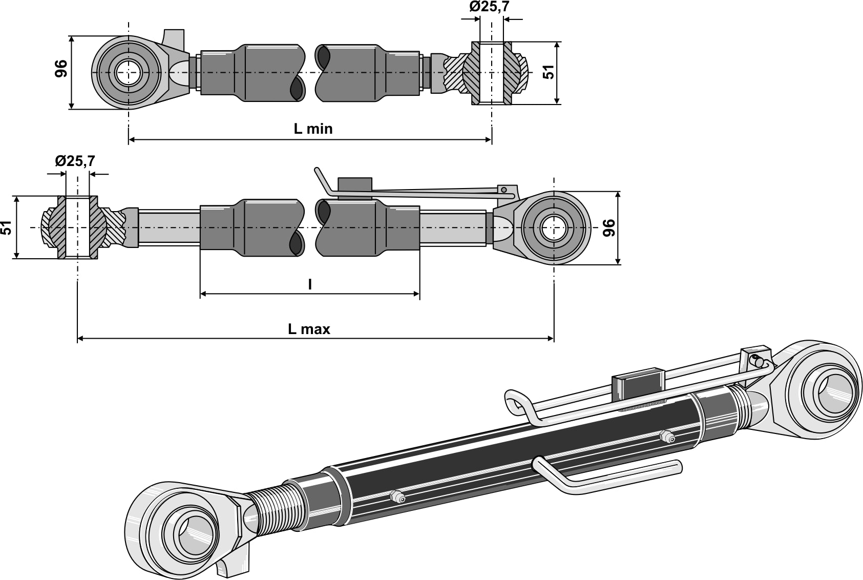 Top-link with hardened tie-rods M42x3