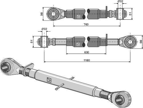Top-link with hardened tie-rods M40x3