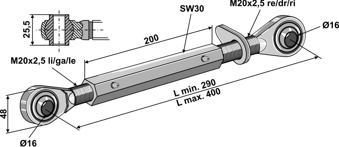 Top-links with hardened tie-rod M20x2,5