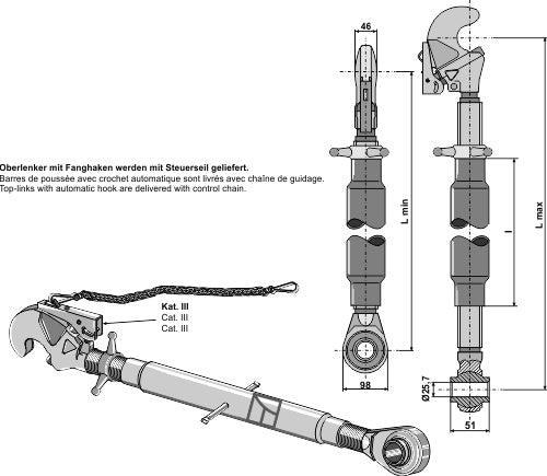 Top-links with automatic hook and tie-rod M36x3
