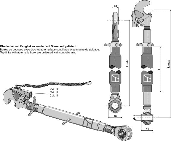 Top-links with automatic hook and tie-rod M36x3