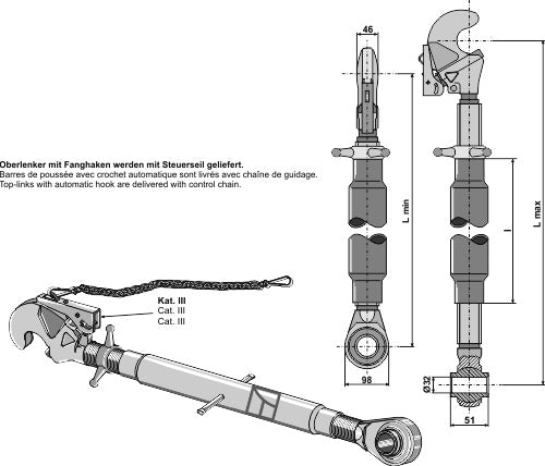 Top-links with automatic hook and tie-rod M36x3