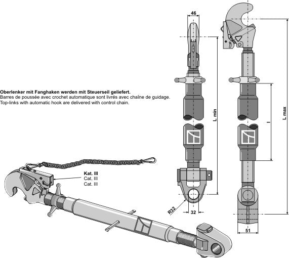 Top-links with automatic hook and swivelling tie-rod M36x3