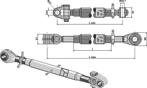 Top-links with hardened tie-rod and swivelling tie-rod M36x3