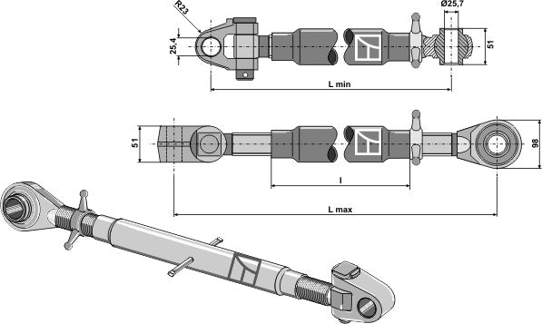 Top-links with hardened tie-rod and swivelling tie-rod M36x3