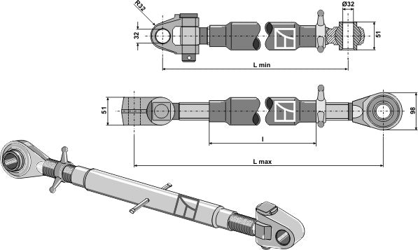 Top-links with hardened tie-rod and swivelling tie-rod M36x3