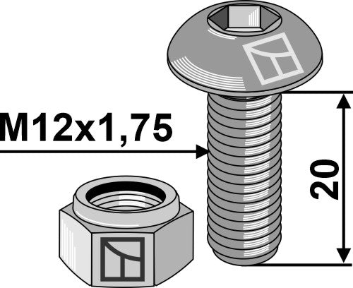 Saucer-head screw with hexagon socket M12x1,75x20 - galvanized - with nut