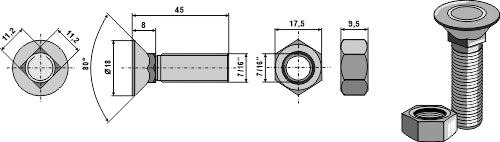 Plough bolt 7/16''UNF with hexagon nut