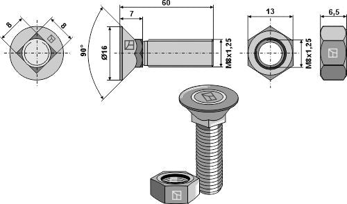 Plough bolt DIN608 M8x1,25x60 and hexagon nut