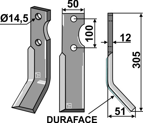 Rotary tine DURAFACE 305x50mm, right