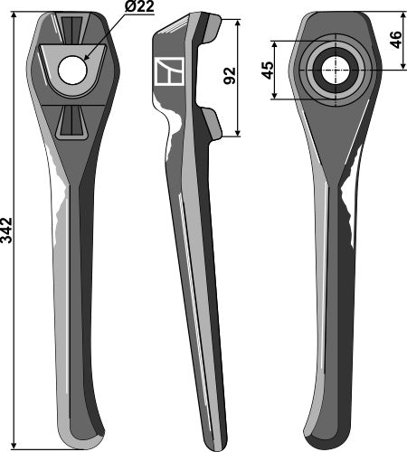 Tine for rotary harrows 342mm, left