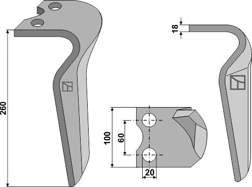 Tine for rotary harrows 260mm, left