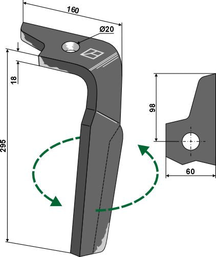 Tine for rotary harrows 295mm, left