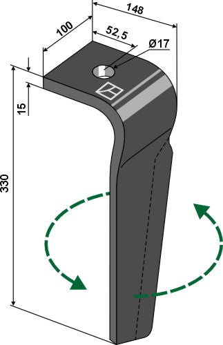 Tine for rotary harrows 330mm, left